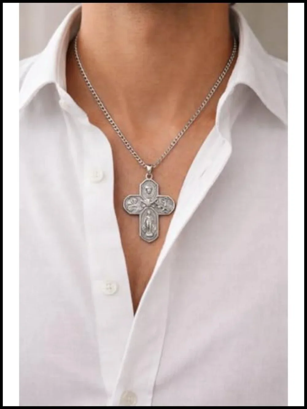 Four Way Pewter Medal Necklace Stainless Steel Chain Catholic Holy Card Set